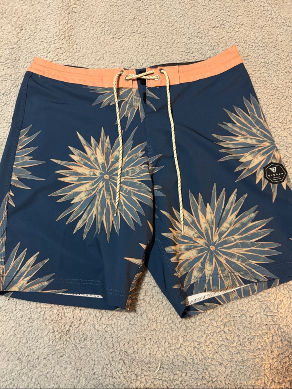 VISSLA Navy Boardshorts with Peach Waistband and Floral Print